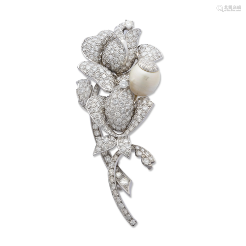 NO RESERVE - DIAMOND AND CULTURED PEARL BROOCH