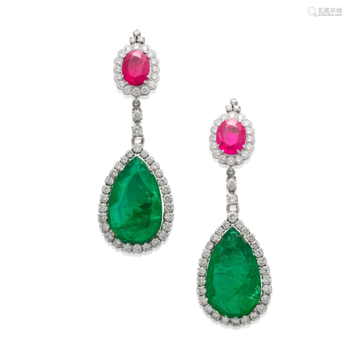 NO RESERVE - EMERALD, RUBY AND DIAMOND EARRINGS