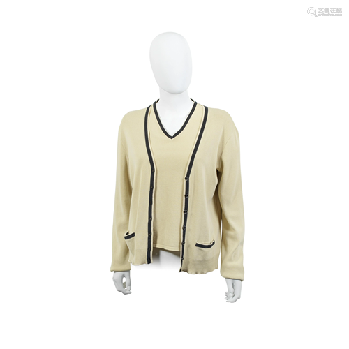 Cream Knitted V-Neck Top And Cardigan Twinset, Chanel,