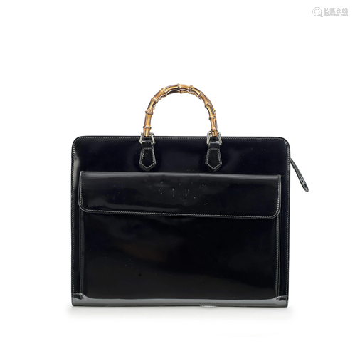 Black Patent Leather Bamboo Briefcase, Gucci, 1990s,