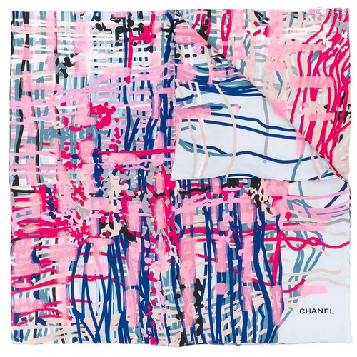 Pink And Blue Brushstroke Print Scarf, Chanel,