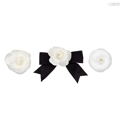 Three Silk Camellia Pin Brooches, Chanel, 1990s,