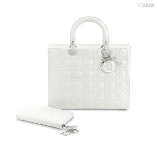 White Patent Leather Large Lady Dior Bag and Wallet,