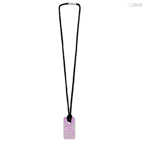 Pink Sapphire Set White Gold Dog Tag Necklace, Louis