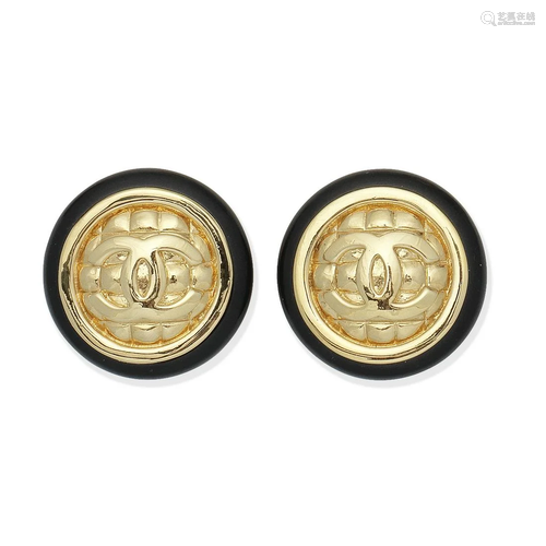 Black and Gold Tone Clip Earrings, Chanel, 1970s,