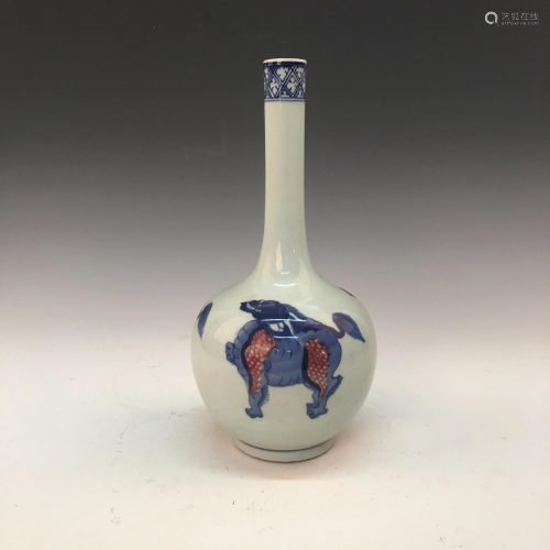 Chinese Blue White Copper Red 'Ruishou' Bottle Vase