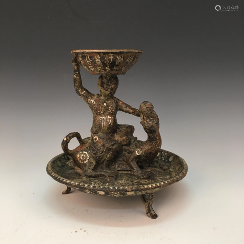 Chinese Bronze Inlaying Gold and Silver Candle Holder