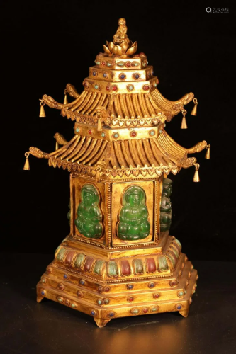 A collection of Qing dynasty gilt and jadeite pagodas,