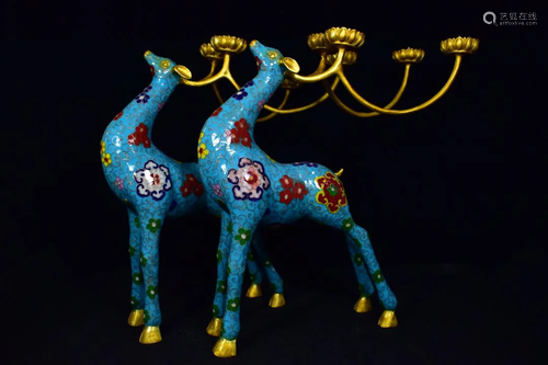 A pair of cloisonne deer wax tables, length 41 cm,