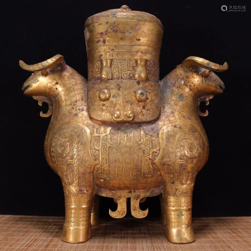 Shang Bronze Gilt Real Gold Fine Work Double Sheep Zun