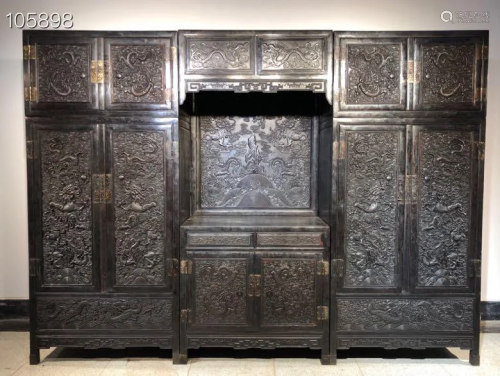 Old red sandalwood high-relief dragon cabinet,