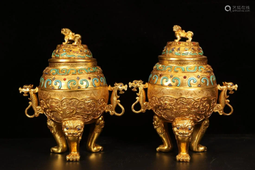 A pair of gilt-inlaid gemstone double dragon furnaces