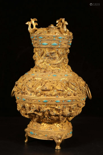 A collection of gilt silver inlaid turquoise vases from