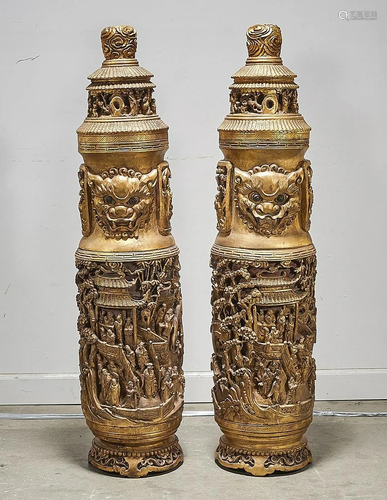 Pair of Chinese carved wood decorative