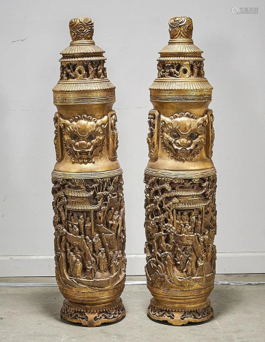 Pair of Chinese carved wood decorative