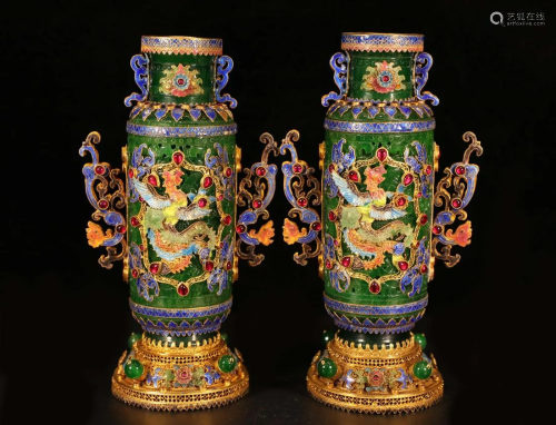 A pair of gilt silver inlaid jade dragon and phoenix