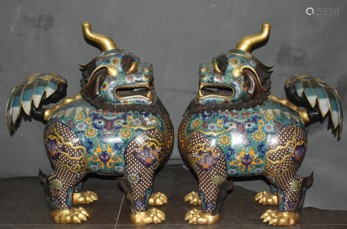 Pair of real gold cloisonne unicorn lions made in the