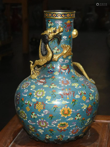 Eight-treasure vase with real gold cloisonnÃ© dragons