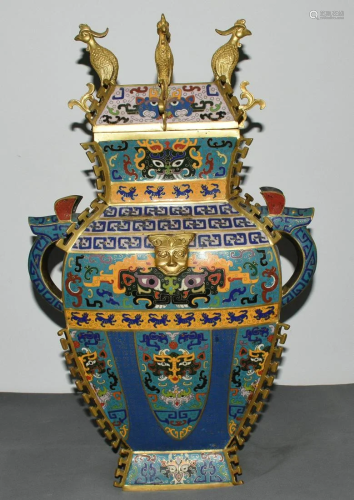 A real gold cloisonnÃ© beast face phoenix statue vase