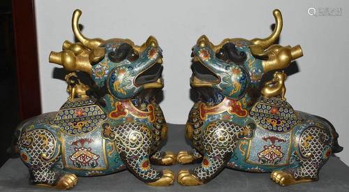 Pair of real gold cloisonne dragon beast unicorns in