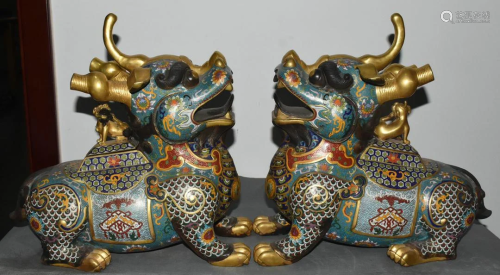 Pair of real gold cloisonne dragon beast unicorns in