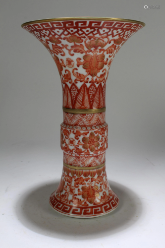 A Chinese Flat-opening Bat-framing Red Porcelain Vase