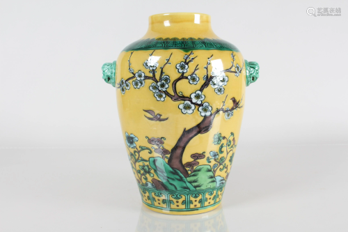 A Chinese Duo-handled Nature-sceen Yellow Porcelain