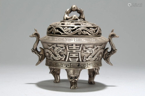 An Chinese Lidded Duo-handled Myth-beast Fortune Censer