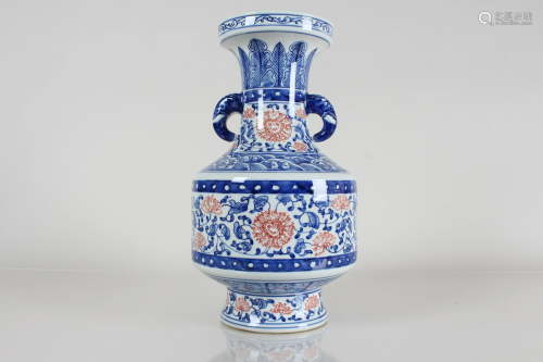 A Chinese Duo-handled Detailed Blue and White Porcelain