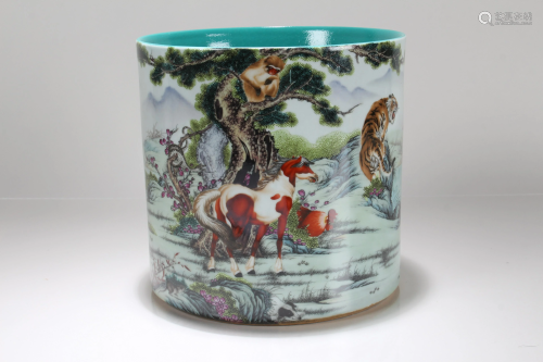 A Chinese Horse-portrait Porcelain Fortune Brush Pot