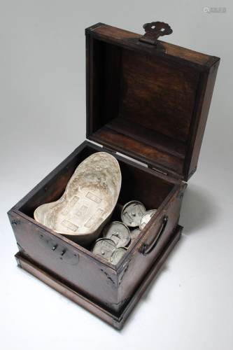 A Chinese Square-based Lidded Coin-filled Wooden Box