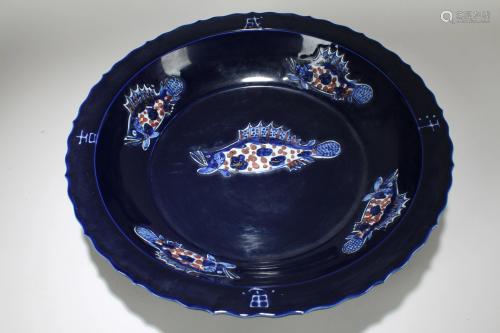 Chinese Aqua-theme Massive Porcelain Plate