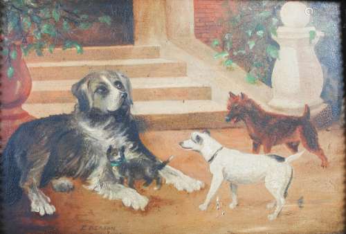 E. Benson (Welsh Primitive School, 19th century) Three dogs ...
