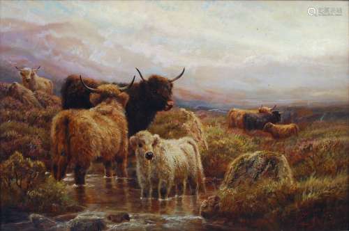 Robert Watson (1865-1916) Misty Highland landscape with catt...