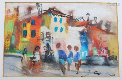 AR Hamish B. Lawrie (1919-1987) Street scene with figures wa...
