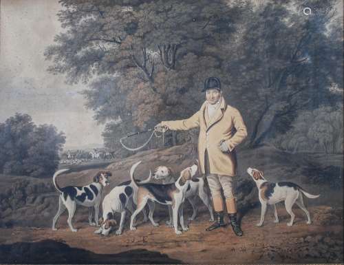 19th century British School Huntsman and hounds coloured eng...