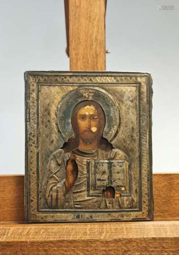 Icône du Christ Pantocrator Tempera sur bois, dans son oklad...
