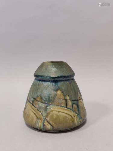 DENBAC. VASE en grès émaillé bleu-brun en forme de coloquint...