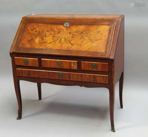 BUREAU de PENTE en bois de placage et marqueterie florale ou...