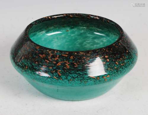 A Monart Bowl, shape X, mottled black and green with gold co...