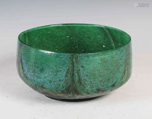 A Monart bowl, shape XB, green and blue glass with six pulle...