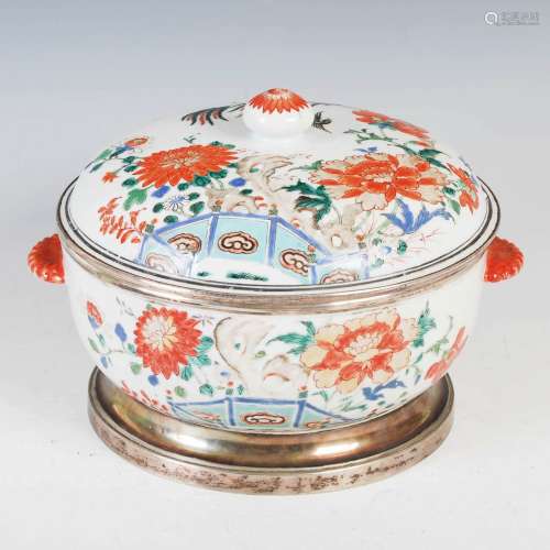 A Chinese porcelain famille verte white metal mounted tureen...