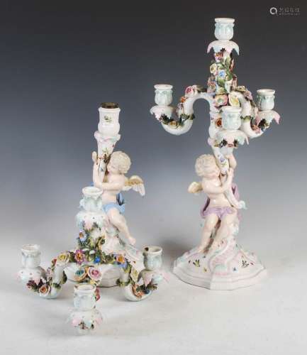 A pair of Sitzendorf porcelain flower encrusted four light c...