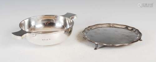 An Art Deco silver salver and silver quaich, the salver mark...