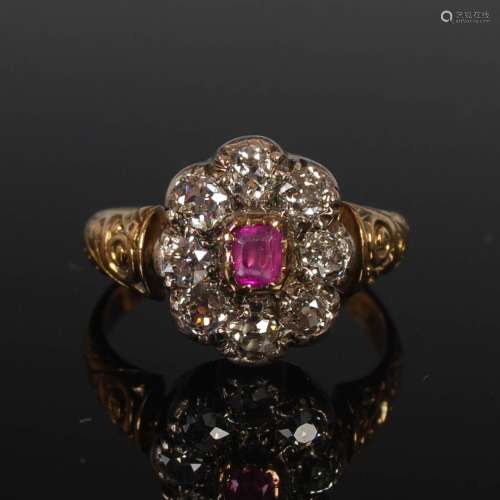 A Victorian yellow and white metal ruby and diamond cluster ...
