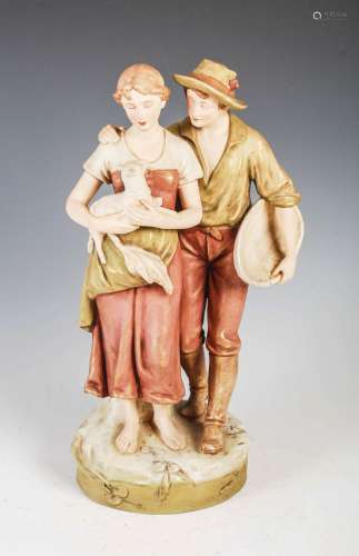 A Royal Dux figure group of shepherdess and lamb with attend...