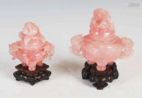 Two Chinese rose quartz censers and covers, Qing Dynasty, th...