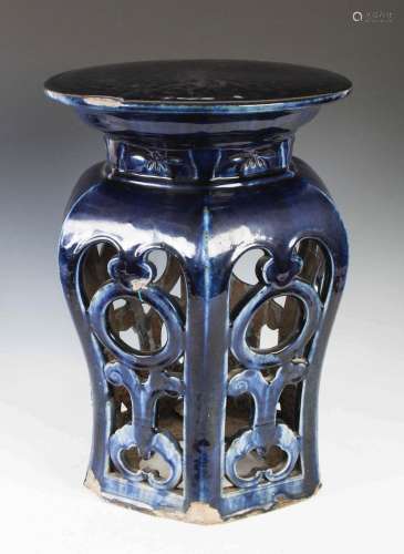 A Chinese porcelain cobalt blue glazed garden seat, Qing Dyn...