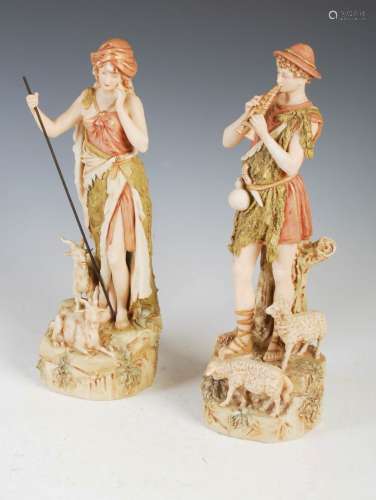 A pair of Royal Dux figure groups, male shepherd and female ...