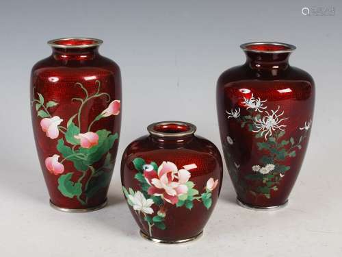 A Group of three Japanese cloisonne enamel Ginbari vases, Ta...